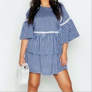 Gingham Print Embroidered Smock Dress